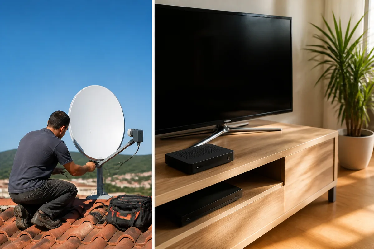 Installation d’antenne satellite sur un toit avec décodeur TV dans un salon